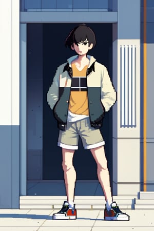 pixel art, solo, 1boy, shorts, male focus, shoes, jacket, standing, short hair, shirt, building, black hair,flat design