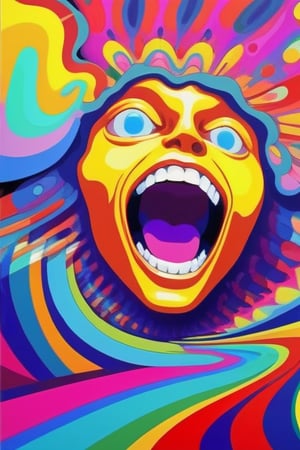 Psychedelic, psy art, colorful, open mouth, solo, abstract, looking at viewer, no humans, portrait, teeth, multicolored background