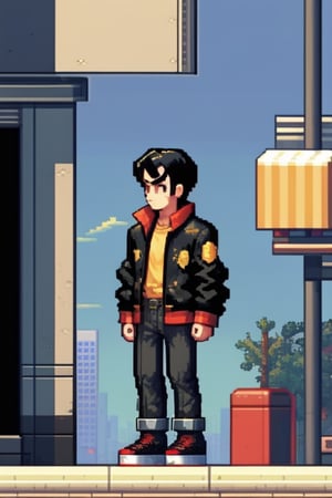 pixel art, solo, 1boy, shorts, male focus, shoes, jacket, standing, short hair, shirt, building, black hair