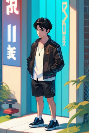 solo, 1boy, shorts, male focus, shoes, jacket, standing, short hair, shirt, building, black hair, isometric