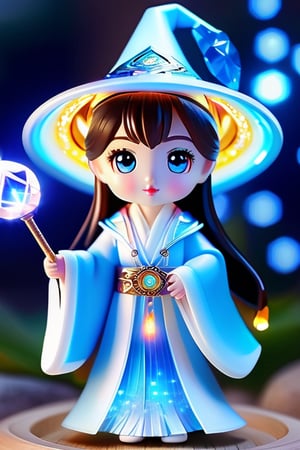 (best quality, masterpiece:1.6), 3d cartoon, cute cartoon, beautiful eyes, blue eyes, light in eyes, chibi chinese, goddess, chinese clothes, 1girl, solo, wizard hat, robe, holding staff, on magic circle, sparkles, light particles, crystal, prism, glowing light, magic effect, colorful, glow, bokeh
