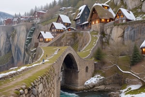 highres, ((masterpiece)), ultra detailed, otherworldly hues, cliff, cliff in the sea, sea, ((snowy)), winter, medieval, village, ((medieval village)), (cabins), triangular cabins, (((stone path))), bridge, ((bridge on the cliff) ), windows, windows with interior light, medieval windows, thatched roof