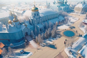 highres, ((masterpiece)), ultra detailed, ((ultra detailed buildings)), otherworldly hues, City, (((city from aerial view))), large city, 19th century city, (Saint Petersburg), Russian city, streets joining in the center, (Orthodox church), (((Orthodox church in the center of the city))), plain surrounding the city, snow, snowy, background,no humans,LODBG