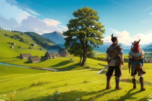 highres, ((masterpiece)), ultra detailed, otherworldly hues, village, (((viking village))), distant village, 2 boys, (viking outfit), viking axe, viking sword, day, sun in the sky, valley, grass, far mountains, 1 tree,Game of Thrones,delicate\(armor\),FFIXBG,day