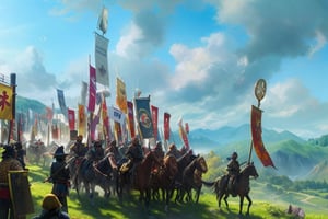 Super detailed, super realistic, ultra hd, many samurai, katana, samurai army, distant army, aligned army, day, sun in the sky, valley, grass, distant mountains