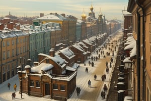 highres, ((masterpiece)), ultra detailed, ((ultra detailed buildings)), otherworldly hues, City, (((Populated city))), (people in the streets), many people, large city, 19th century city, (Saint Petersburg), Russian city, snow, snowy, background,LODBG