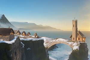 highres, ((masterpiece)), ultra detailed, otherworldly hues, cliff, cliff in the sea, sea, snowy, winter, medieval, village, ((medieval village)), (cabins), triangular cabins, (((wood cabins))), (((thatched roof))), (snowy roof) (((stone path))), bridge, ((bridge on the cliff) ), church, church at the end of the bridge, windows, windows with interior light, medieval windows