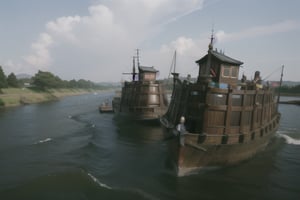 Super detailed, super realistic, ultra hd, many samurai, katana, samurai army, battle, fight, faced, day, sun in the sky, river, ships