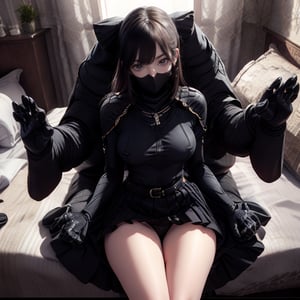 ninja_suit,skirt_lift, big_thighs, small waist, big boobs, sexy face, sitting on bed,