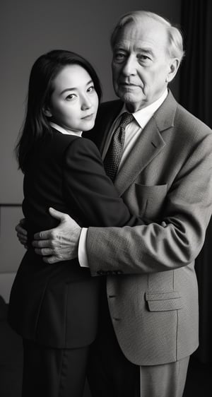 Masterpiece, best picture quality), girl and old man, a 20-year-old girl, sexy underwear,BREAK, a 70-year-old man, suit and tie, hug,film grain:1.1,camera flash