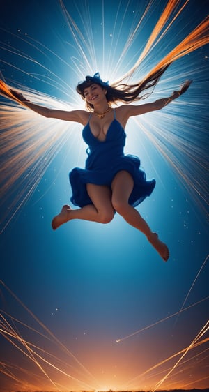 , (Masterpiece, best picture quality, HD picture), Perfect body, Golden ratio, girl, wink, smile, (orange and blue color | hair, gradient :1.2, deep v), (random color | skeleton dress, spun yarn), ribbon hair accessories, Crystal earrings, Africa, bakelite, rotating jump, motion Angle, epic composition, master photography, (Film particle :1.4), Leica filter, Contrast ratio :1.3,nsfw,consensual_sex,big_breasts