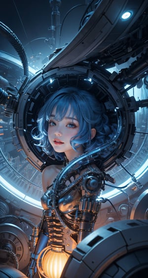 (Masterpiece, best picture quality, HD,8K),(Fractal Art :1.3), chromatic abuse, Negative space :1.2, Machine city planet,Lamp tube, Biomechanical nanomechanical combinations entering the era of innovation, blue | hair, curly hair, metallic | trim, blush, bare shoulders, anatomically correct,Nami Technology,girl