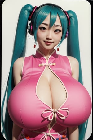 1girl, gigantic breasts, sagging breasts, Hatsune miku wearing a qipao, looking at viewer, 2000's, polaroid photo, ((masterpiece)), 