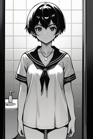 score_9, score_8_up, score_7_up, score_6_up, source_anime, source_manga, lineart, LineAniAF, monochrome, 1girl, short hair, serafuku, wearing glowing necklace, looking at viewer, standing, cowboy shot, bathroom