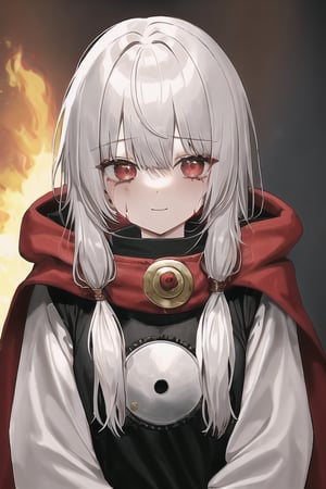 1 girl, bangs, empty eyes, two-colored hair, red hair, white hair, red eyes, robotic sleeves, sad, covered eye, patch over the right eye, metal scarf around the neck, high resolution, metal sweatshirt, long sleeves, look right, punch, slight smile, solo, straight hair, upper body, hooded jacket, set on fire, bloody tears, bloody clothes