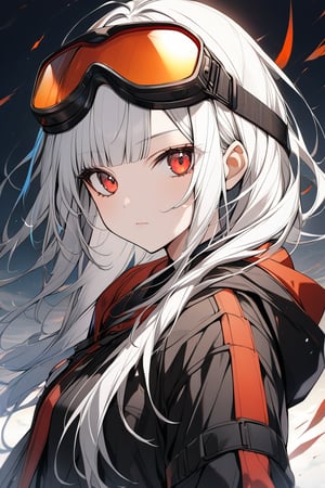 1girl, solo, long hair, looking at viewer, bangs, red eyes, closed mouth, jacket, upper body, white hair, hood, blunt bangs, black jacket, hood down, goggles, hooded jacket