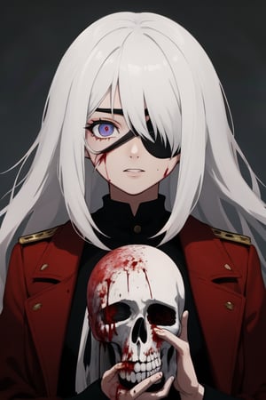 woman dissecting a corpse, white hair, eye patch, bloody corpse