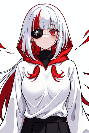 1 girl, bangs, double color hair, white and red hair, scar left face, white mask, perfect hands, red light, left eyepatch, metallic scarf around neck, tiny breasts, high resolution, black metallic sweatshirt, accessory made of metal, white polo shirt, long sleeves, solo, straight hair, upper body, hooded jacket, bloody environment