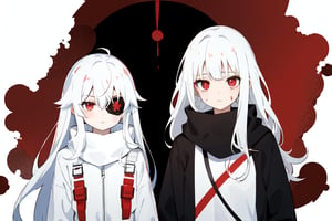 woman and a 10-year-old girl, white mask, bangs, bicolor hair, red hair, white hair, red eyes, robotic sleeves, sad, right eyepatch, right eyepatch, metallic scarf, high resolution, black sweatshirt, white polo shirt, long sleeve, look up, sad, straight hair, upper body, hooded jacket, set on fire, bathed in blood, arms down