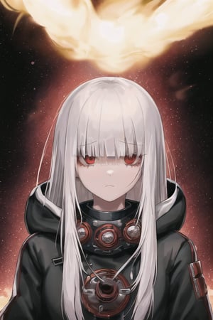 1 girl, bangs, empty eyes, white hair, red eyes, robotic sleeves, sad, patch over right eye, metal scarf around neck, high resolution, metal sweatshirt, long sleeves, look to the right, blow, slight smile, solo, straight hair, upper body, hooded jacket, set on fire, bloody face