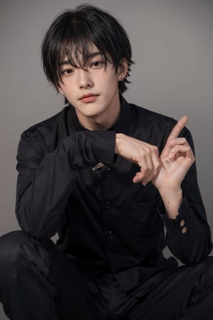 (masterpiece, best quality:1.2), kpop, boy, young man, black hair, black eyes, mole under mouth, multiple piercings, piercing, short hair, yoshidadef, 1boy, solo, male focus, school uniform, gakuran, black sleeves, long sleeves, black pants, ((hair between eyes, bangs, crossed bangs)), twink, bishounen, buttons