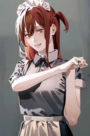 (masterpiece, best quality:1.2), fujimoto, 1girl, solo, ,fujimoto, kita ikuyo, red hair, hair between eyes, ((one side up)), yellow eyes, crossed bangs, bangs, puffy short sleeves, smile, maid apron, white apron, maid, black dress, simple background