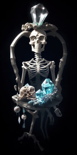 crystal skeleton, ornaments, beautiful piece of art, crystal skull, photorealistic, professional photography, 8k quality, crystal organs,SpectrumAI,no_humans