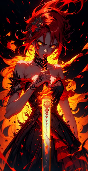 1 queen of blade,sadistic face, tiful face, very long glitter,bright red hair, bright yellow eyes, detailed dress with filigree dark red flames style, summer, Iceland location, ashes falling background, weapon, holding a red fire magic sword, side view, close-up