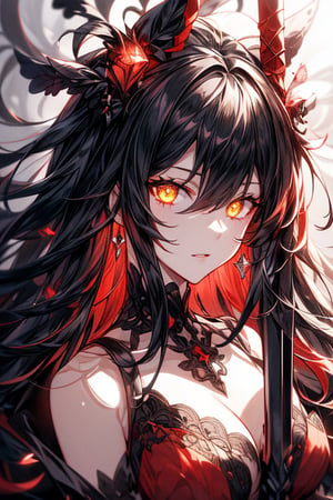 (masterpiece), best quality, perfect face,hair straight,1girl, solo,crazy face, bright black hair,glowing yellow eyes,holding a red sword, detailed crimson dress,1 girl,