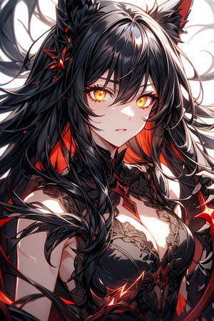 (masterpiece), best quality, perfect face,hair straight,1girl, solo,crazy face, bright black hair,glowing yellow eyes,holding a red sword, detailed crimson dress,1 girl,