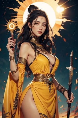 female god of the sun,holding a thin glowing blade,2D pose,perfect body,A beautiful mature woman,saggy boobs,solar hair,yellow eyes,god of solar dress