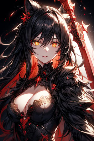 (masterpiece), best quality, perfect face,hair straight,1girl, solo,crazy face, bright black hair,glowing yellow eyes,holding a red sword, detailed crimson dress,1 girl,