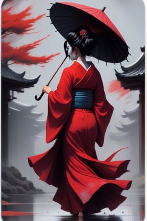 a geisha holding an umbrella with her hair blowing in the wind sticker,painting by jakub rozalski,3d toon style