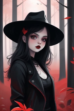 a sticker,1 girl,hat,goth,red forest. illustration,4k,SAM YANG