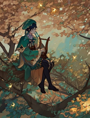 (masterpiece, best quality:1.2), solo, male focus, 1boy, venti, melancholic expression, playing the lyre, sitting under a tree, beret, hat flower, white shirt, bow, long sleeves, frilled sleeves, corset, cape, green shorts, white pantyhose,  jewelry, brooch, night, fireflies around him