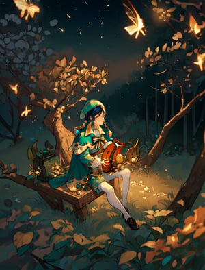 (masterpiece, best quality:1.2), solo, male focus, 1boy, venti, melancholic expression, playing the lyre, sitting under a tree, beret, hat flower, white shirt, bow, long sleeves, frilled sleeves, corset, cape, green shorts, white pantyhose,  jewelry, brooch, ((night)), fireflies around him