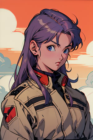 Misato Katsuragi, neon genesis evangelion, 90s Japanese anime, vintage art style, long hair, red military uniform, dark purple hair