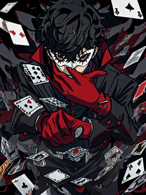 masterpiece, best quality, 1boy, solo, male focus, dsjoker, black hair, short hair, red eyes, mask, high collar, black coat, grey shirt, long sleeves, pants, red gloves, cell shading, flat tones, persona 5 joker holding playing cards, dramatic scene, mementos,glass