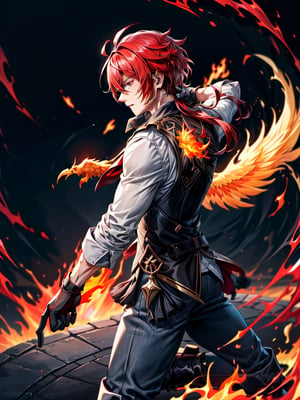 masterpiece, best quality, diluc (genshin impact), 1boy, fate/stay background, (full shot:1.5), tall_male, pale skin, red eyes, long hair, bright red hair, hair goes down to the middle of the back, disdain face, white office shirt, long_sleeves, rolled-up_sleeves, black_vest, red_detailed_vest, regular jeans, black_jeans, detailed_jeans, wrist_length_gloves, black_gloves, dark_brown_boots, masterpiece, best quality, realistic, high_resolution, high quality, looking_at_viewer, perfect face, a phoenix made of fire surrounding Diluc in a dramatic way protecting him, perfect red eyes, serious expression 