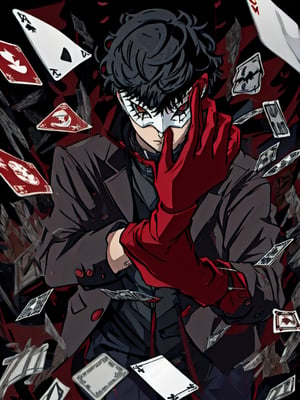 masterpiece, best quality, 1boy, solo, male focus, dsjoker, black hair, short hair, red eyes, mask, high collar, black coat, grey shirt, long sleeves, pants, red gloves, cell shading, flat tones, persona 5 joker holding playing cards, dramatic scene, mementos, perfect anatomy