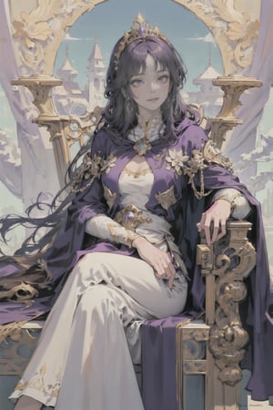 (masterpiece, best quality), 1girl, solo, (the empress:1.15), purple dark, long hair, (purple cape), Curtain, white dress, queen dress, aurora, (sunshine, sky, river, forest), expressionless, purple eyes, very long hair, (art nouveau:1.2), alphonse mucha, tiara, (face focus, upper body), sit, (red throne:1.12), tiara, crossing legs, highly intricate details, realistic light, smile, iluminated face