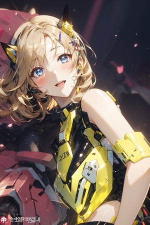 realistic, 1girl, super details, soft light, blush, blonde, makeup, light smile, glow, thighs, blue eyes, bare shoulders, collarbone, turtleneck, narrow waist, sunbeam, sunlight, small breasts, wind, (masterpiece), Korean idol, plugsuits, black latex pants, futuristic clothes, concert stage, candid, ,KurashimaChiyuri,mecha, short hair, cat hair ornament, school uniform