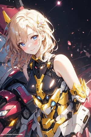 realistic, 1girl, super details, soft light, blush, blonde, makeup, light smile, glow, thighs, blue eyes, bare shoulders, collarbone, turtleneck, narrow waist, sunbeam, sunlight, small breasts, wind, (masterpiece), Korean idol, plugsuits, black latex pants, futuristic clothes, concert stage, candid, ,KurashimaChiyuri,mecha, short hair, cat hair ornament, school uniform