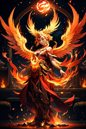 (masterpiece,best quality:1.2),Biomorphism, a Miko is standing in front of the fire Phoenix in the heaven garden, flames engulfing, ethereal lighting, super motion blur, twilight golden hour, golden fireflies, split toning