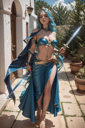 Monroe, in a blue dress holding a sword, samira from league of legends, ne zha from smite, ornate cosplay, morgana from league of legends, glamourous cosplay, senna from league of legends, from league of legends, irelia from league of legends, league of legends inspired, cosplay, professional cosplay, elegant glamourous cosplay