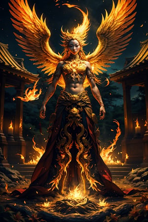 (masterpiece,best quality:1.2),Biomorphism, a Miko is standing in front of the fire Phoenix in the heaven garden, flames engulfing, ethereal lighting, super motion blur, twilight golden hour, golden fireflies, split toning