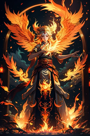 (masterpiece,best quality:1.2),Biomorphism, a Miko is standing in front of the fire Phoenix in the heaven garden, flames engulfing, ethereal lighting, super motion blur, twilight golden hour, golden fireflies, split toning