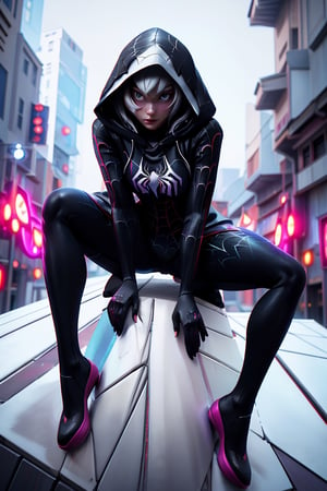 Spider Gwen as a dominatress in a hoodie spider suit, full body, photo realistic, insane detail, 8k, rtx, octane render, graceful curves, cinematic lighting, high sharpness, high contrast.,gwen,