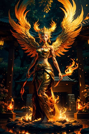 (masterpiece,best quality:1.2),Biomorphism, a Miko is standing in front of the fire Phoenix in the heaven garden, flames engulfing, ethereal lighting, super motion blur, twilight golden hour, golden fireflies, split toning