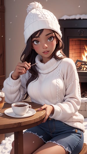 "1 girl in a cozy, oversized sweater and beanie, sipping hot cocoa by a roaring fireplace as snow falls outside, creating a perfect winter scene."confident expression,dark skin masterpiece,hdr,high resolution,best quality,masterpiece,studio light,professional,high resolution,best quality,HDR,Light,large breasts